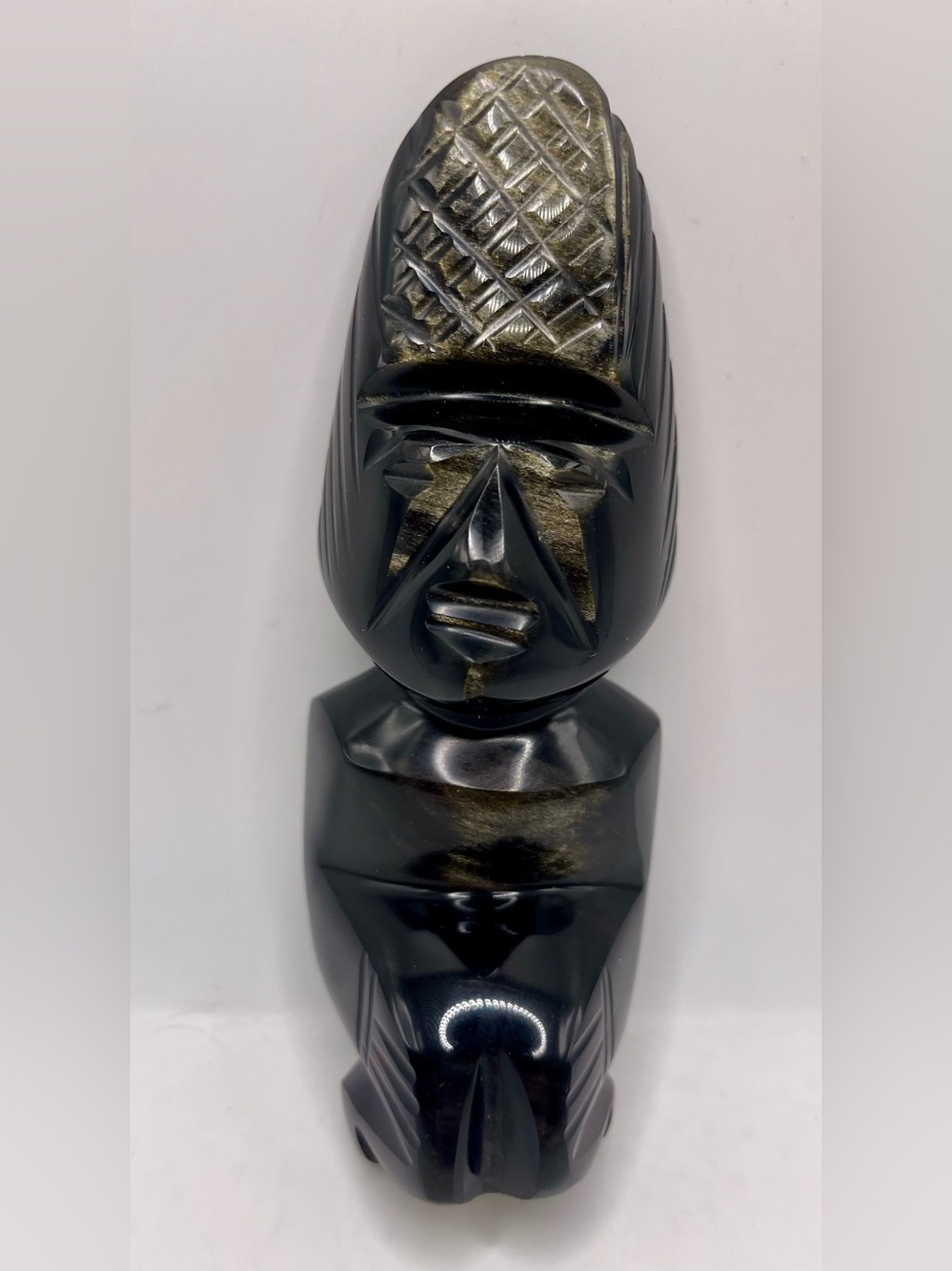 Hand-carved Golden Sheen Obsidian Stone Head Figurine Mayan Aztec Warrior